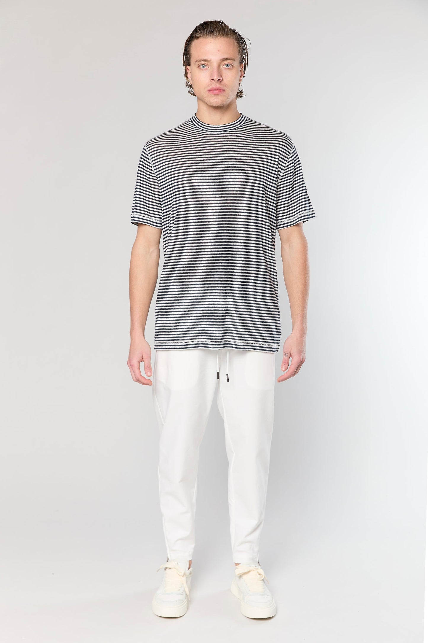 White/Blue Stripe Linen 718 T-SHIRT