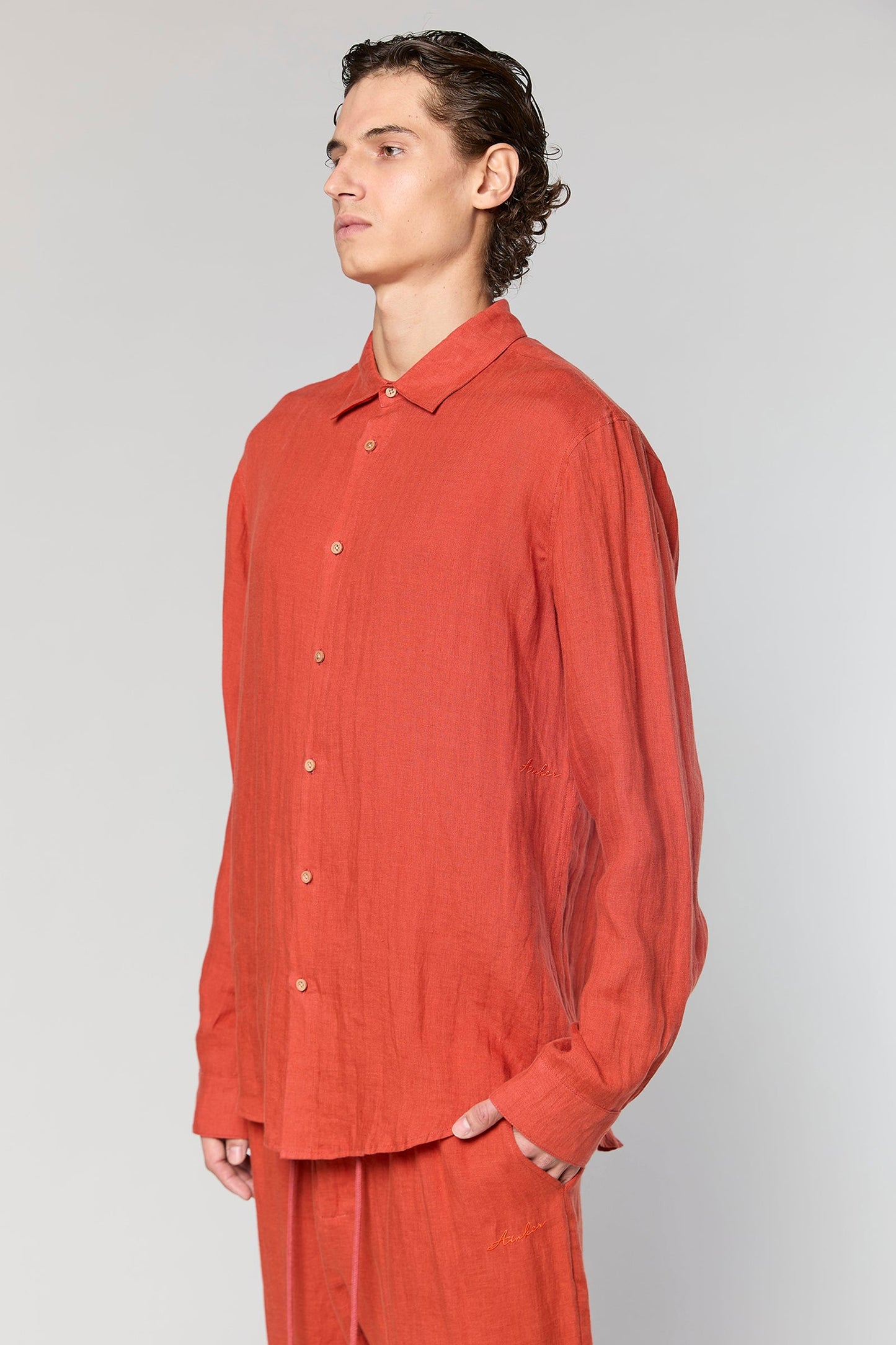 Linen Terracotta 777 Button Shirt