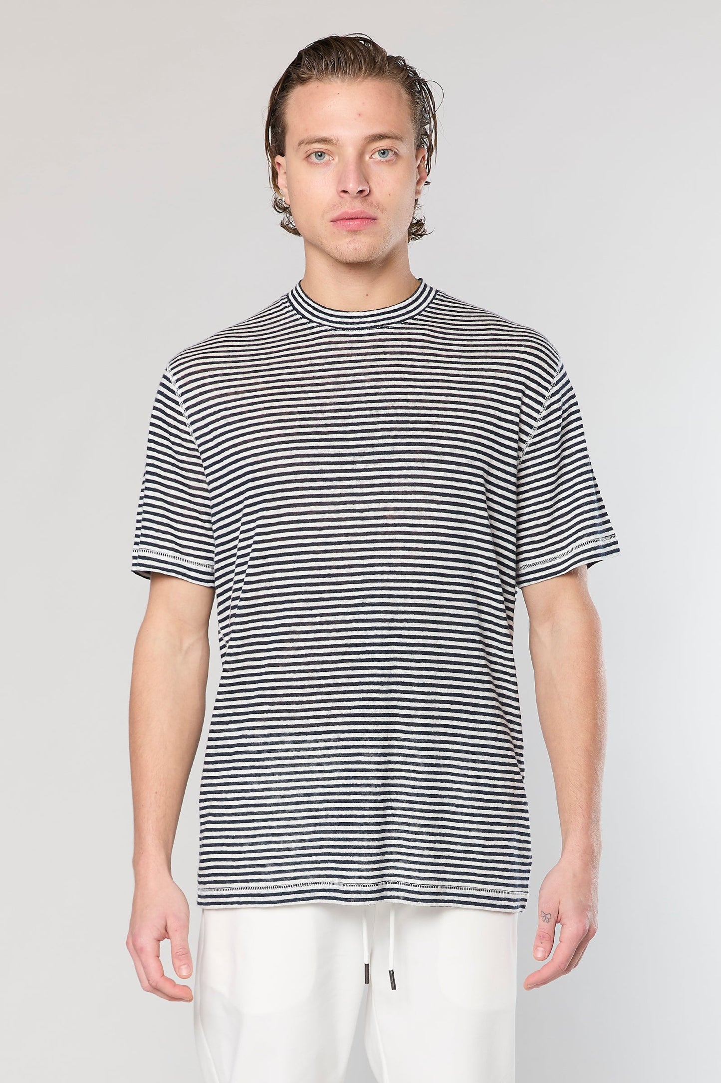 White/Blue Stripe Linen 718 T-SHIRT