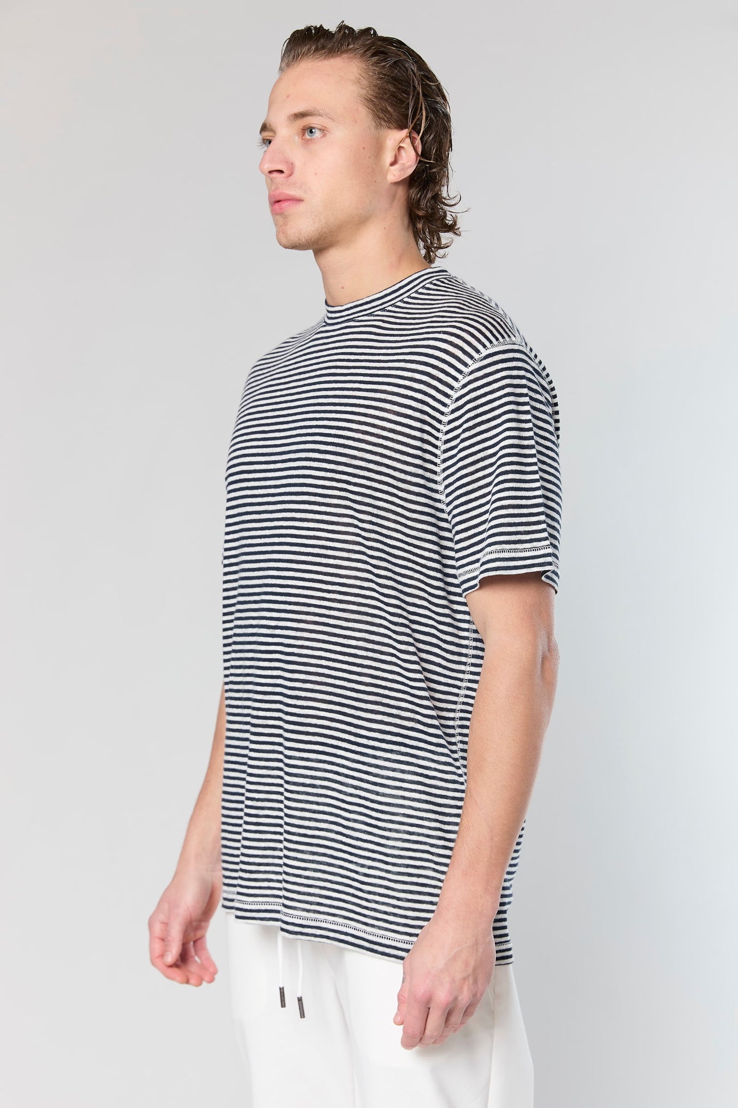 White/Blue Stripe Linen 718 T-SHIRT